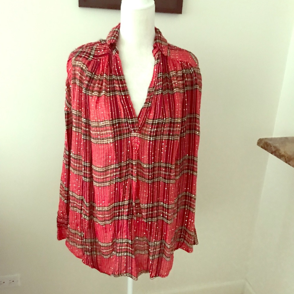 Free People Shimmery Bell Sleeve Shirt